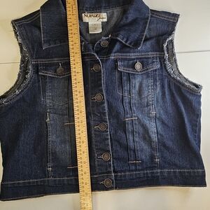 NWOT REFUSE Darkwash Denim Button Down Vest Frayed Edges 2-pocket Stretchy